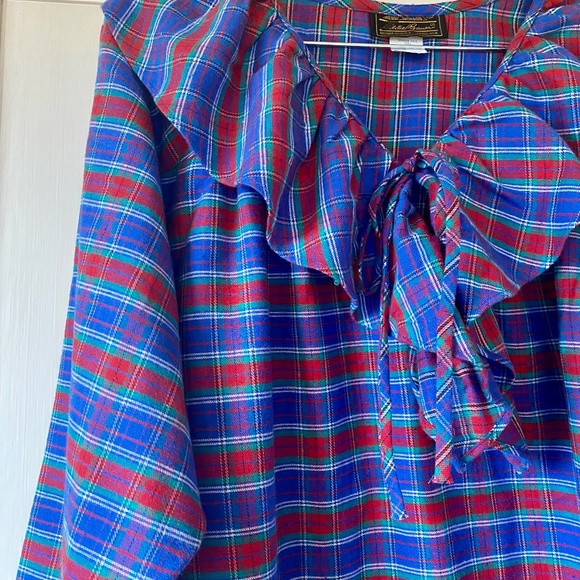 Eddie Bauer Womens L Ruffle Neck 3/4 length Nightgown Red Blue PLAID 90s USA - Picture 3 of 14